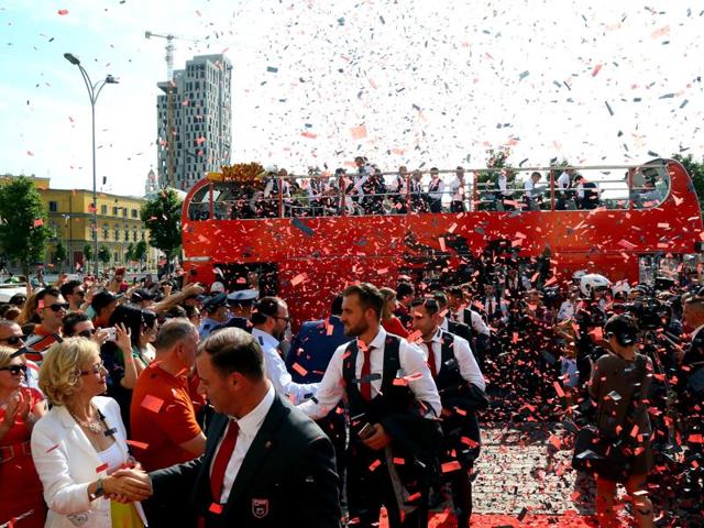 Albania's Euro 2016 squad was welcomed home on Thursday with a formal red-carpet ceremony and National Guard troops on its return from the country's first ever participation at a European Championship. (AP Photo) Albania's Euro 2016 squad was welcomed home on Thursday with a formal red-carpet ceremony and National Guard troops on its return from the country's first ever participation at a European Championship. (AP Photo)