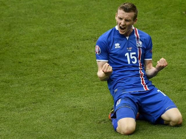 Jon Dadi Bodvarsson celebrates after scoring Iceland’s first goal. (AFP)