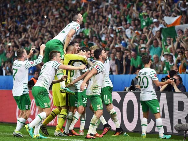Ireland's midfielder Robert Brady celebrates scoring a goal with team mates. (AFP photo) Ireland's midfielder Robert Brady celebrates scoring a goal with team mates. (AFP photo)