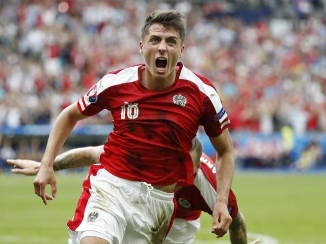 Austria's Alessandro Schoepf celebrates after scoring. (REUTERS)