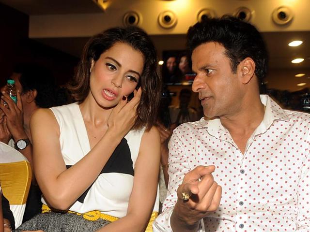 Kangana Ranaut (L) as a guest, and Manoj Bajpayee attend the special screening of debut short Hindi film Kriti, directed by Shirish Kunder in Mumbai on Wednesday. Kriti said at the launch: “It’s hard to make a short film. I myself have made a short film (The Touch) and it’s difficult.” (AFP) Kangana Ranaut (L) as a guest, and Manoj Bajpayee attend the special screening of debut short Hindi film Kriti, directed by Shirish Kunder in Mumbai on Wednesday. Kriti said at the launch: “It’s hard to make a short film. I myself have made a short film (The Touch) and it’s difficult.” (AFP)