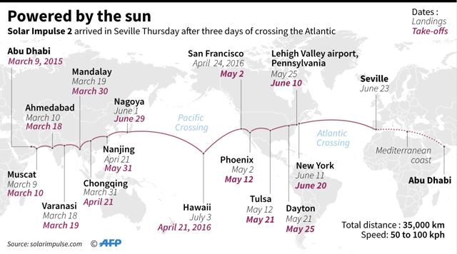 World map showing the path of Solar Impulse 2 aircraft which landed in Seville, Spain Thursday after crossing the Atlantic.
