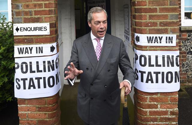 Nigel Farage, the leader of the United Kingdom Independence Party (UKIP), leaves after voting in the EU referendum, at a polling station in Biggin Hill, Britain June 23, 2016. REUTERS/Dylan Martinez (REUTERS) Nigel Farage, the leader of the United Kingdom Independence Party (UKIP), leaves after voting in the EU referendum, at a polling station in Biggin Hill, Britain June 23, 2016. REUTERS/Dylan Martinez (REUTERS)