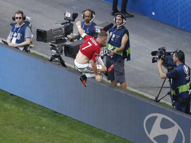Hungary's Balazs Dzsudzsak celebrates scoring his side's third goal. (AP) Hungary's Balazs Dzsudzsak celebrates scoring his side's third goal. (AP)