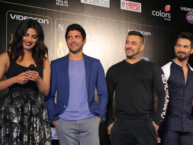 Priyanka Chopra, Farhan Akhtar, Salman Khan and Shahid Kapoor caught in a candid moment on the stage at IIFA in Madrid, Spain. (IIFA) 