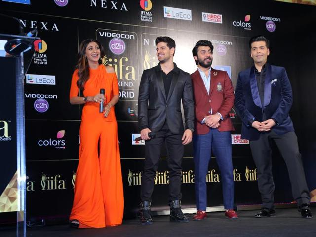 Shilpa Shetty, Sooraj Pancholi, Fawad Khan and Karan Johar at the IIFA press meet in Madrid, Spain.  (IIFA) 