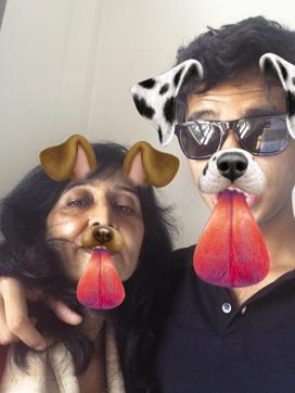 Virtual Fun: The author with her son seen in a fun Snapchat disguise