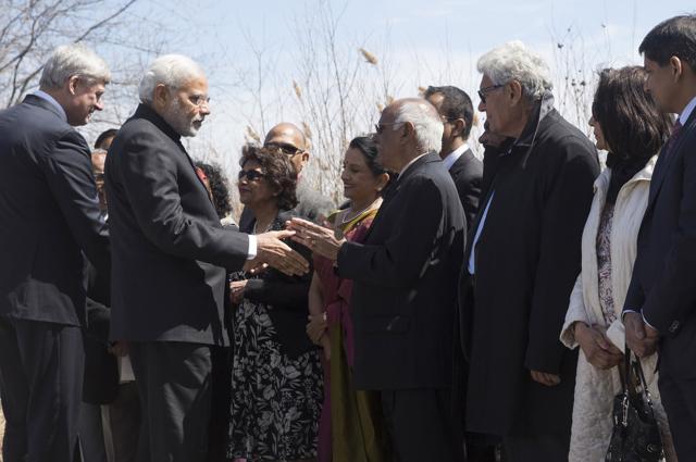 Prime Minister Narendra Modi at the Air India memorial in Toronto last year as he met members of the families of victims of the tragedy. (HT Photo)