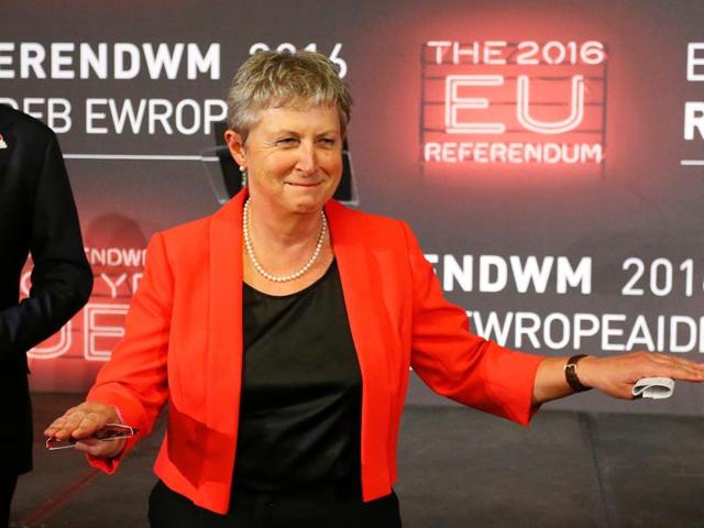 Gisela Stuart Labour Party MP for Birmingham Edgbaston and Chair of the Vote Leave campaign celebrates after the declaration of the results. (AFP)