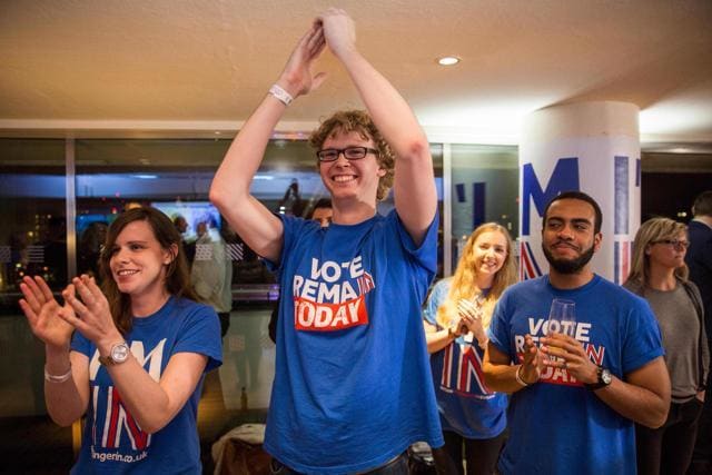 Supporters of the Britain Stronger In Europea campaign hoping for a 'remain' vote cheer as the EU referendum result from Gibraltar is announced at a results party at the Royal Festival Hall in London. (AFP) Supporters of the Britain Stronger In Europea campaign hoping for a 'remain' vote cheer as the EU referendum result from Gibraltar is announced at a results party at the Royal Festival Hall in London. (AFP)
