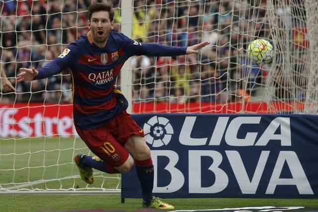 Barcelona's Lionel Messi celebrates a goal during a La Liga match against Espanol. (Reuters File Photo)