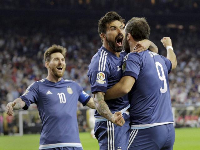 Argentina's Gonzalo Higuain (9) celebrates his goal against the United States with Lionel Messi (left) and Ezequiel Lavezzi (centre) during a Copa America Centenario football semifinal. (AP Photo) Argentina's Gonzalo Higuain (9) celebrates his goal against the United States with Lionel Messi (left) and Ezequiel Lavezzi (centre) during a Copa America Centenario football semifinal. (AP Photo)