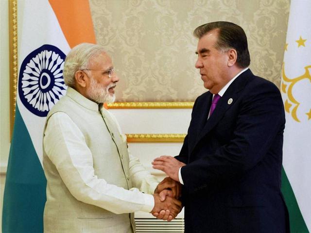 Prime Minister Narendra Modi shakes hands with Tajik President Emomali Rahmon in a meeting in Tashkent on Friday. (PTI) Prime Minister Narendra Modi shakes hands with Tajik President Emomali Rahmon in a meeting in Tashkent on Friday. (PTI)