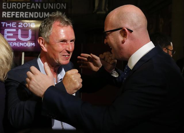 Paul Nuttall (R), United Kingdom Independence Party (UKIP), MEP for the north west of England and Nigel Evans Conservative MP for Ribble Valley celebrate the likely victory of 'Leave' in the EU referendum, at the Manchester Town Hall in Manchester, north west England on June 24, 2016. (AFP Photo) Paul Nuttall (R), United Kingdom Independence Party (UKIP), MEP for the north west of England and Nigel Evans Conservative MP for Ribble Valley celebrate the likely victory of 'Leave' in the EU referendum, at the Manchester Town Hall in Manchester, north west England on June 24, 2016. (AFP Photo)