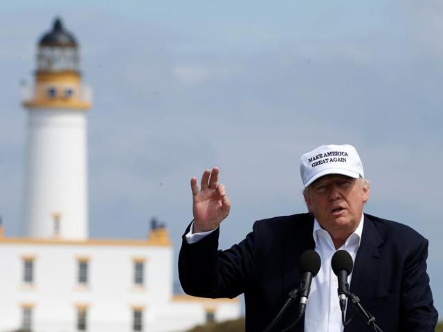 Republican presidential candidate Donald Trump speaks during a news conference at Turnberry Golf course in Scotland on Friday.(Reuters)