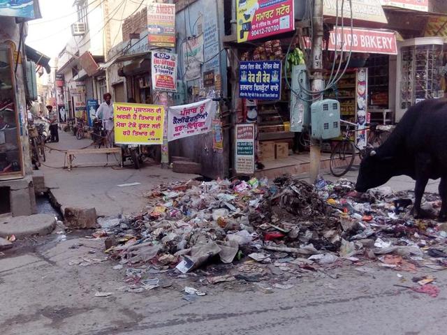 Garbage dumped at an intersection in Mansa on Friday.(HT Photo)