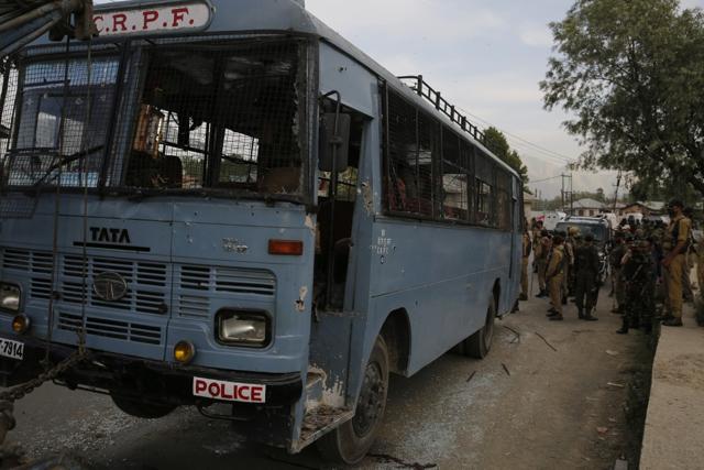 Eight CRPF personnel were killed when militants attacked the bus on the Srinagar-Jammu national highway in Jammu and Kashmir’s Pulwama district.  (Waseem Andrabi/HT Photo)