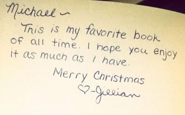‘Michael, this is my favourite book of all time! I hope you enjoy it as much as I have. Merry Christmas, Jillian,” reads a note etched in time, eternalised on the fraying first page of a Kazuo Ishiguro book. (Pen and Parchment Instagram)
