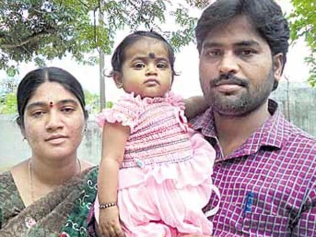 Ramanappa and Saraswati, agricultural labourers froka village in Andhra Pradesh’s Chittor district, have approached a court to allow them to kill their 8-month-old daughter because they cannot afford a medical procedure needed for the child.(HT Photo)