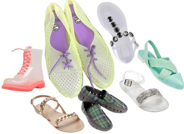Checkered moccasins and metal-studded thongs available in variety of rain-friendly materials. Checkered moccasins and metal-studded thongs available in variety of rain-friendly materials.