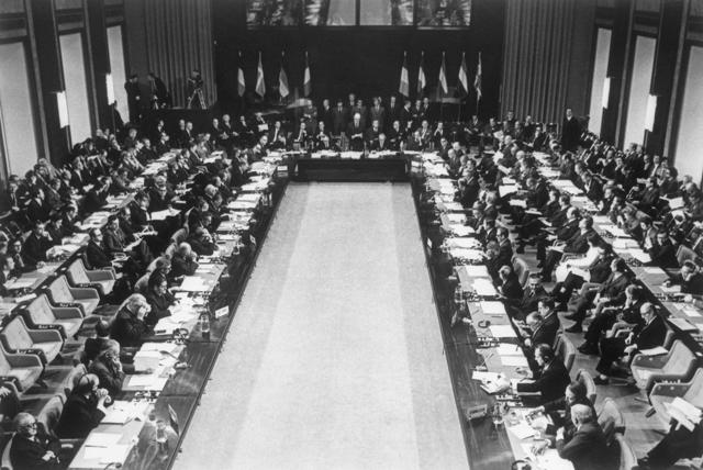 In this January 15, 1973, file photo, a general view of the ceremony for the First Ministerial Meeting after the enlargement of the Common Market at the Palais D'Egmont in Brussels, Belgium. (AP Photo) In this January 15, 1973, file photo, a general view of the ceremony for the First Ministerial Meeting after the enlargement of the Common Market at the Palais D'Egmont in Brussels, Belgium. (AP Photo)