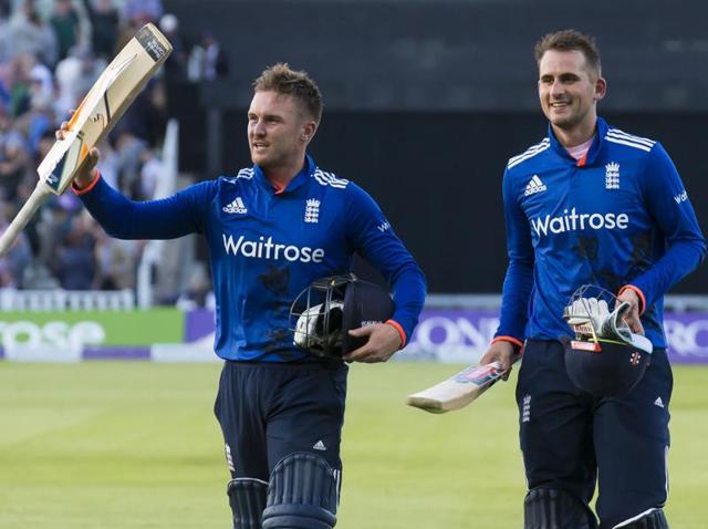 England's Jason Roy (L) celebrates reaching his century as Alex Hales walks over to congratulate him. (AFP) England's Jason Roy (L) celebrates reaching his century as Alex Hales walks over to congratulate him. (AFP)