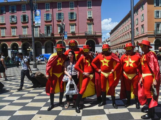 Spain supporters in Zorro costumes pose downtown Nice. (AFP Photo) Spain supporters in Zorro costumes pose downtown Nice. (AFP Photo)