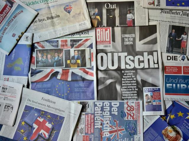 Front pages of German dailies featuring reactions on the so-called "Brexit" referendum are pictured in Berlin on June 25, 2016.(AFP)