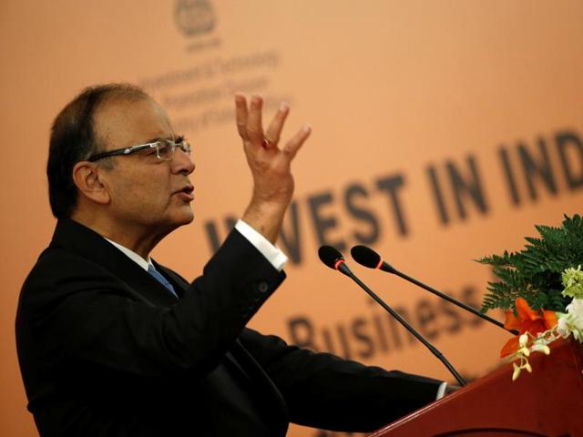 Finance minister Arun Jaitley speaking at an "Invest in India" forum in Beijing, China.(Reuters Photo)