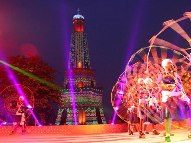 Laser show to mark the birth tricentenary of Sikh warrior Banda Singh Bhadur at his memorial in Chappar Chiri in SAS Nagar (Mohali) on Saturday. (Anil Dayal/HT Photo)
