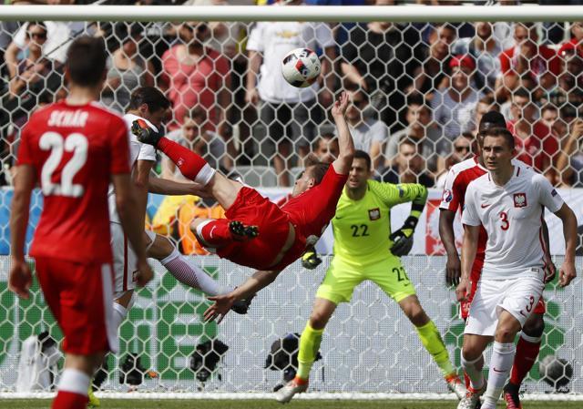 Xherdan Shaqiri’s bicycle kick is easily one of the top contenders for goal of the tournament. (AP) Xherdan Shaqiri’s bicycle kick is easily one of the top contenders for goal of the tournament. (AP)