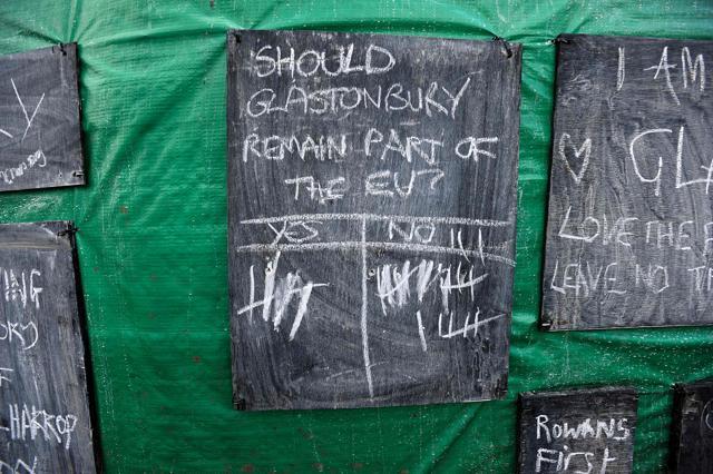 A chalk board is pictured where someone has written the question "Should Glastonbury remain part of the EU?" on day four of the Glastonbury Festival of Music and Performing Arts on Worthy Farm near the village of Pilton in Somerset, South West England. (AFP Photo) A chalk board is pictured where someone has written the question "Should Glastonbury remain part of the EU?" on day four of the Glastonbury Festival of Music and Performing Arts on Worthy Farm near the village of Pilton in Somerset, South West England. (AFP Photo)
