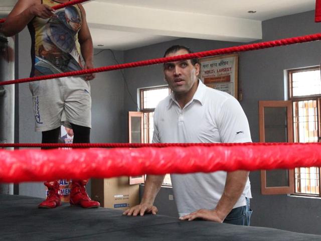 “I don’t understand why people say it’s naqli (fake),” says Khali, his irritation barely hiding behind a disarmingly cheeky smile. (Mental note: The giant has dimples.) (Anil Dayal/HT Photo)