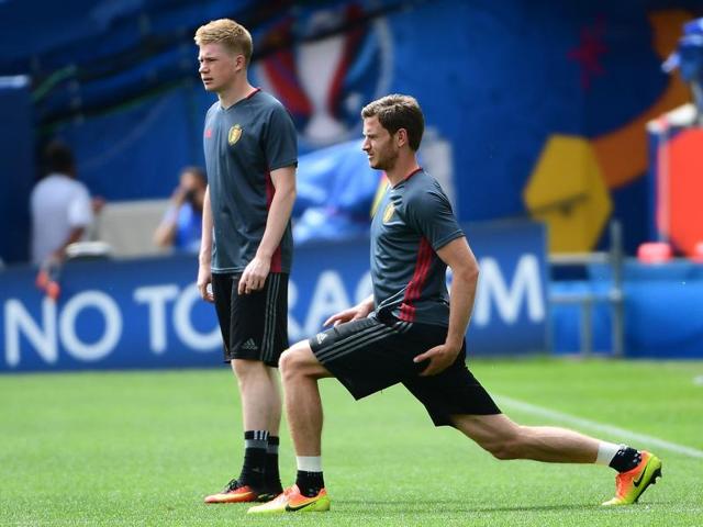 Marc Wilmots oversees Eden Hazard during training. (AP) Marc Wilmots oversees Eden Hazard during training. (AP)
