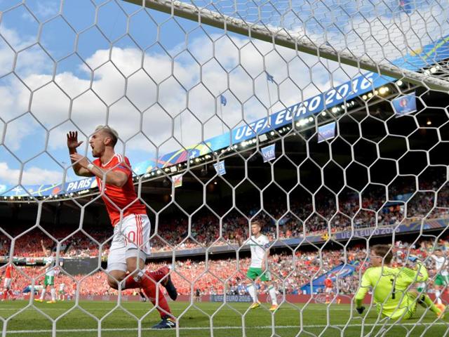 Wales' midfielder Aaron Ramsey (L) gestures after a disallowed goal during the Euro 2016. (AFP Photo)