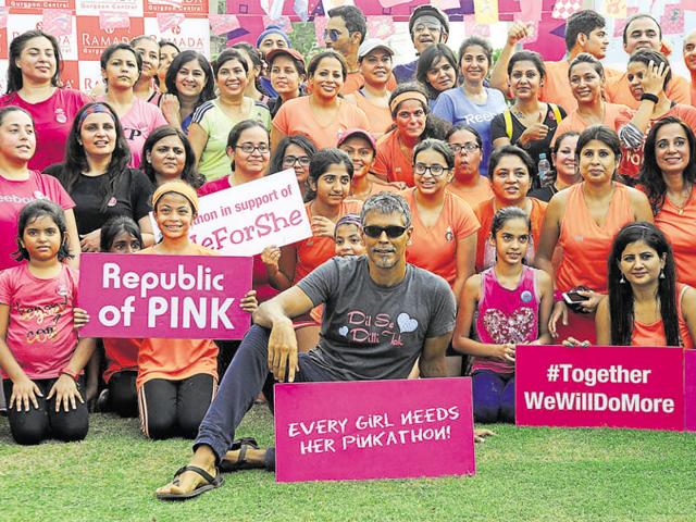More than 150 women participated in Pinkathon Inaugural Run that started from the Ramada Gurgaon Central hotel.(Abhinav Saha/HT Photo) More than 150 women participated in Pinkathon Inaugural Run that started from the Ramada Gurgaon Central hotel.(Abhinav Saha/HT Photo)