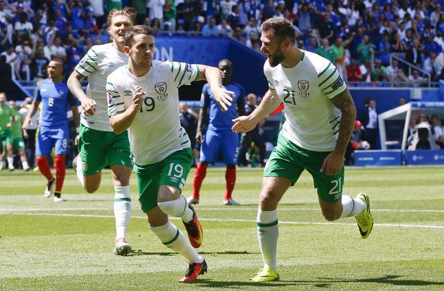 Ireland's Robbie Brady, number 19, celebrates after scoring on a penalty kick during the Euro 2016. (AP Photo) Ireland's Robbie Brady, number 19, celebrates after scoring on a penalty kick during the Euro 2016. (AP Photo)