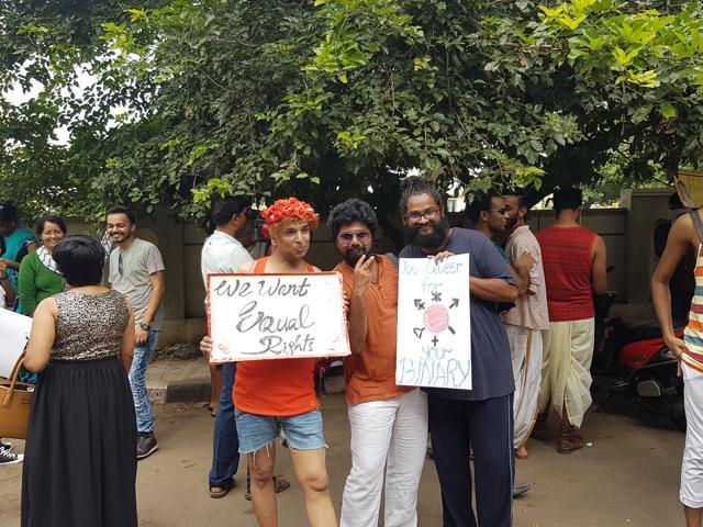 LGBTQ activists pose outside of Egmore, Chennai, before the start of the Rainbow Pride Parade. (Aditya Iyer/HT) LGBTQ activists pose outside of Egmore, Chennai, before the start of the Rainbow Pride Parade. (Aditya Iyer/HT)