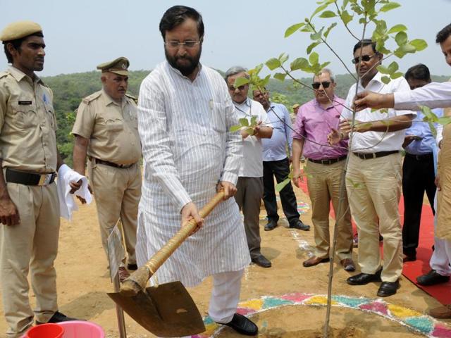 Union minister Prakash Javadekar (centre) planting a tree at Khirka on Monday.(Abhinav Saha/HT) Union minister Prakash Javadekar (centre) planting a tree at Khirka on Monday.(Abhinav Saha/HT)