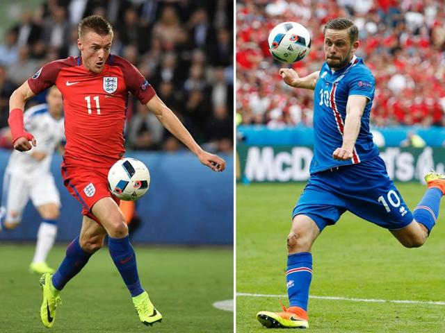 This combination of two file pictures shows England's forward Jamie Vardy (L) and Iceland's midfielder Gylfi Sigurdsson. England will face Iceland in their Euro 2016 round-of-16 match in Nice on June 27, 2016. (AFP) This combination of two file pictures shows England's forward Jamie Vardy (L) and Iceland's midfielder Gylfi Sigurdsson. England will face Iceland in their Euro 2016 round-of-16 match in Nice on June 27, 2016. (AFP)