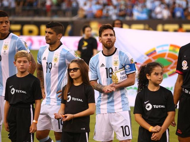 Lionel Messi (10) looks on during player introductions prior to the start of the match. (Reuters)