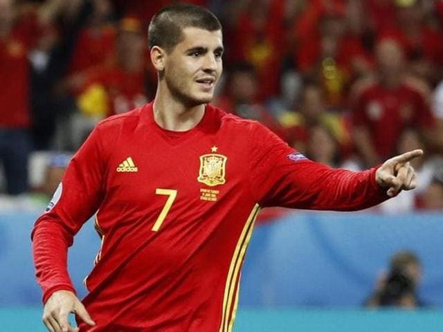 Spain's Alvaro Morata celebrates after scoring their third goal. (Reuters Photo) Spain's Alvaro Morata celebrates after scoring their third goal. (Reuters Photo)