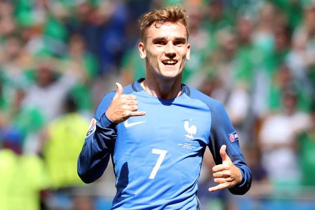 France's forward Antoine Griezmann celebrates after scoring a goal during the Euro 2016 round of 16 football match between France and Republic of Ireland . (AFP) France's forward Antoine Griezmann celebrates after scoring a goal during the Euro 2016 round of 16 football match between France and Republic of Ireland . (AFP)
