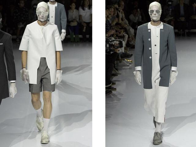 Finally, models unzipped their bright wet suits to reveal old-fashioned bathing suits. They then left the stage, returning with coordinating Thom Browne longboards that are sure to be a hit on beaches from Okinawa to Montauk.