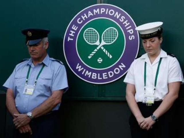 The Wimbledon logo is seen on the front of the jacket of an umpire on the second day. (AFP Photo) The Wimbledon logo is seen on the front of the jacket of an umpire on the second day. (AFP Photo)