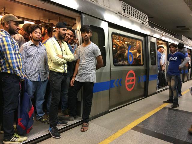People wait at Barakhamba Road Metro station. The Blue Line line has 44 stations from Dwarka Sector 21 to Noida City Centre with a length of 51.35 km and a branch line consisting of seven stations from Yamuna Bank to Vaishali, with a length of 8.85-km. (Saumya Khandelwal/ HT Photo) People wait at Barakhamba Road Metro station. The Blue Line line has 44 stations from Dwarka Sector 21 to Noida City Centre with a length of 51.35 km and a branch line consisting of seven stations from Yamuna Bank to Vaishali, with a length of 8.85-km. (Saumya Khandelwal/ HT Photo)