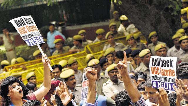 Teachers have been boycotting the evaluation process since May 24, against the University Grants Commission guidelines on their service conditions. The protest now is against the Academic Performance Indicator (API)—the point system which determines their promotion levels. (Saumya Khandelwal/ Hindustan Times) Teachers have been boycotting the evaluation process since May 24, against the University Grants Commission guidelines on their service conditions. The protest now is against the Academic Performance Indicator (API)—the point system which determines their promotion levels. (Saumya Khandelwal/ Hindustan Times)