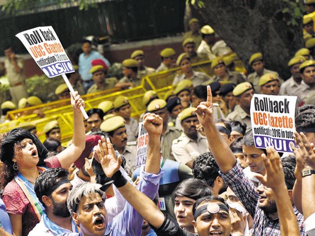 The Delhi University teachers have been on strike since May 24 to protest against a University Grants Commission (UGC) guideline. (Saumya Khandelwal/HT file Photo) The Delhi University teachers have been on strike since May 24 to protest against a University Grants Commission (UGC) guideline. (Saumya Khandelwal/HT file Photo)