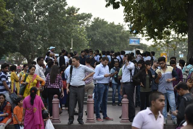 People outside Rajiv Chowk Metro station. (Ravi Choudhary/ HT Photo) People outside Rajiv Chowk Metro station. (Ravi Choudhary/ HT Photo)