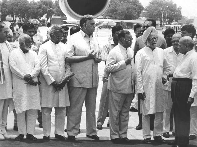Rao’s career is blighted by accusations of inaction during two of independent India’s worst communal incidents -- the Sikh riots of 1984, when he was the Home Minister, and the Babri Masjid demolition in 1992 when he Prime Minister. In this photo, Rao talks to his minsters before leaving for a foreign tour. (HT Photo/Sanjay Sharma) Rao’s career is blighted by accusations of inaction during two of independent India’s worst communal incidents -- the Sikh riots of 1984, when he was the Home Minister, and the Babri Masjid demolition in 1992 when he Prime Minister. In this photo, Rao talks to his minsters before leaving for a foreign tour. (HT Photo/Sanjay Sharma)